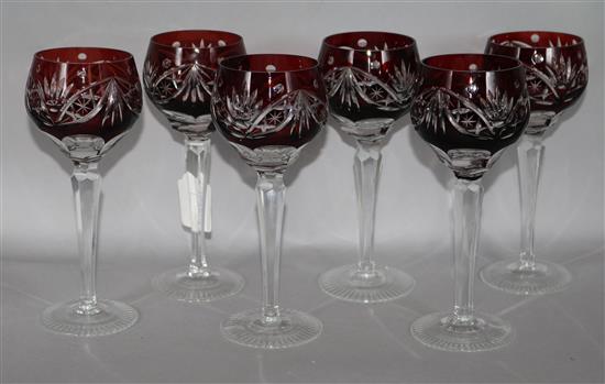 A set of 6 ruby cut glass hock glasses